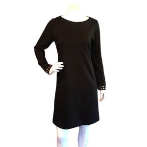 Carmen Marc Valvo black sheath dress gold sleeve accents size M